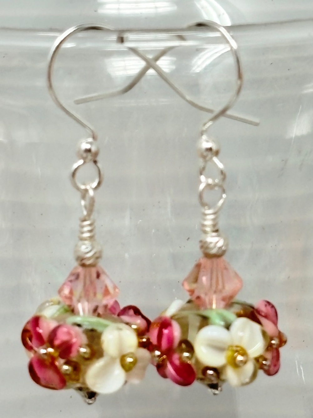 Pink floral Lampwork beaded dangle earrings